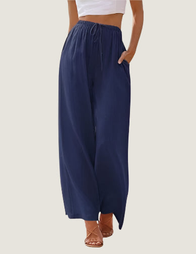 Women's Trousers – Wide Fit – Linen Blend – Drawstring Closure – With Side Pockets