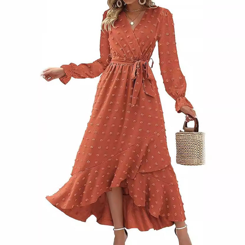 Women's Wrap Dress - V-Neck - Long Sleeves - Waist Tie - Ruffle Hem