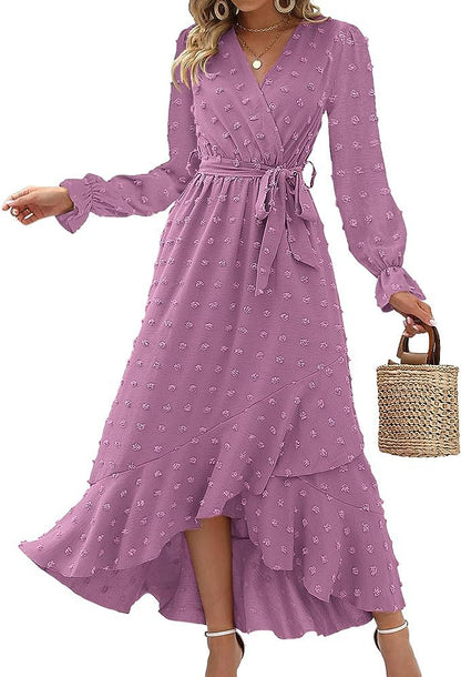 Women's Wrap Dress - V-Neck - Long Sleeves - Waist Tie - Ruffle Hem