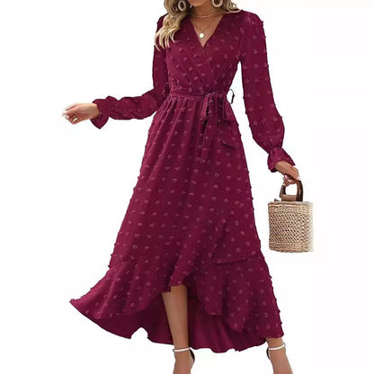 Women's Wrap Dress - V-Neck - Long Sleeves - Waist Tie - Ruffle Hem