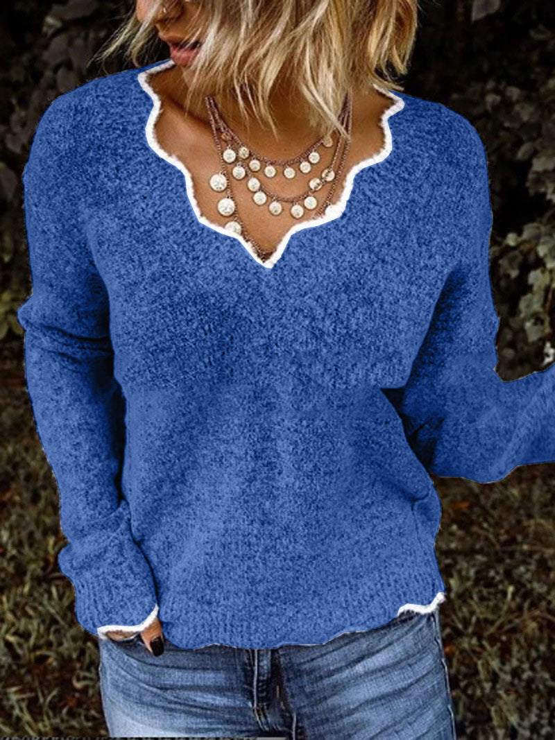 Women's Sweater – Relaxed Fit – Soft Knit – Scallop Round Neck – Long-Sleeved
