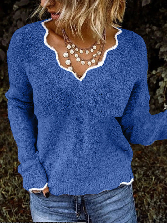 Women's Sweater – Relaxed Fit – Soft Knit – Scallop Round Neck – Long-Sleeved