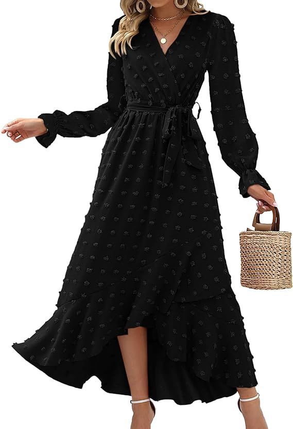Women's Wrap Dress - V-Neck - Long Sleeves - Waist Tie - Ruffle Hem