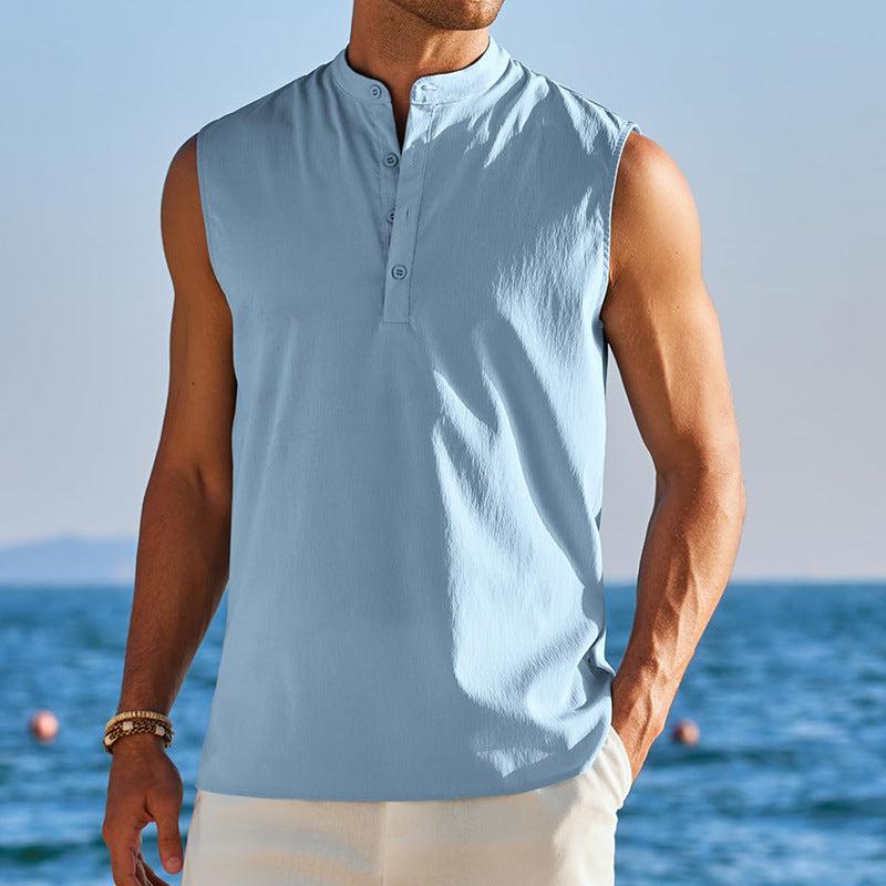 Men's Vest – Sleeveless – Light Cotton Blend – Mandarin Collar – Relaxed Fit