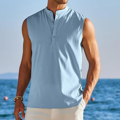 Men's Vest – Sleeveless – Light Cotton Blend – Mandarin Collar – Relaxed Fit