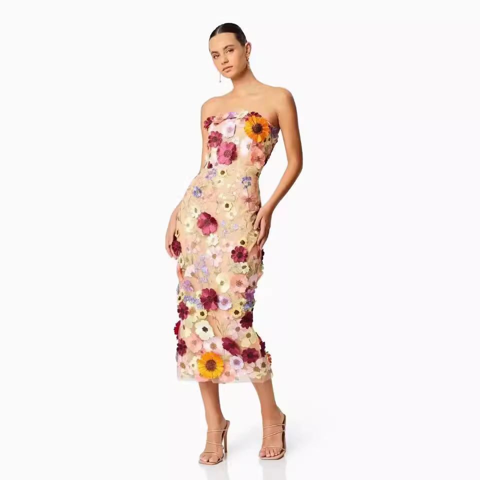 Dress for Women – Strapless Slim Fit – Tulle with 3D Flowers – Midi Length