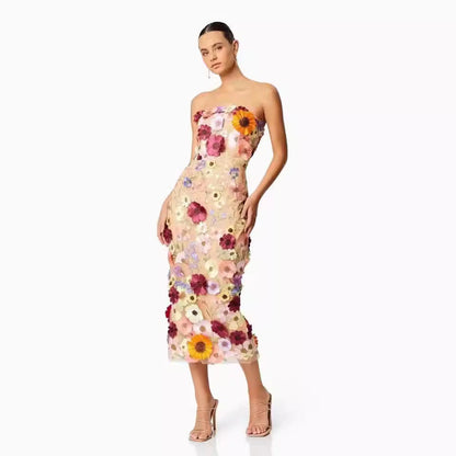 Dress for Women – Strapless Slim Fit – Tulle with 3D Flowers – Midi Length