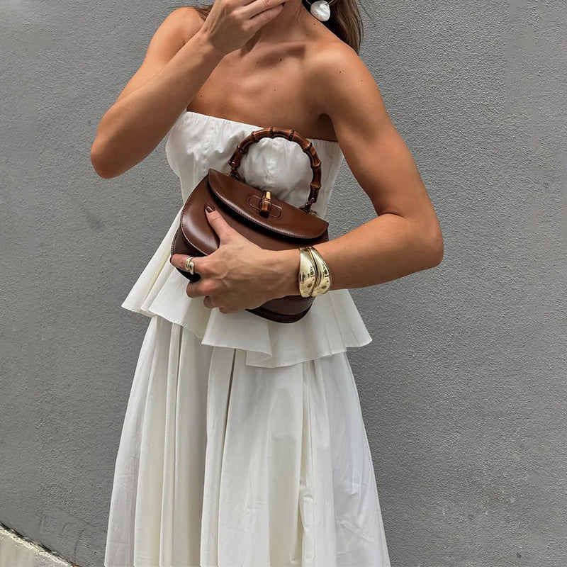 Dress for Women – Strapless Maxi – Peplum Waist – A-line Silhouette – With Pockets