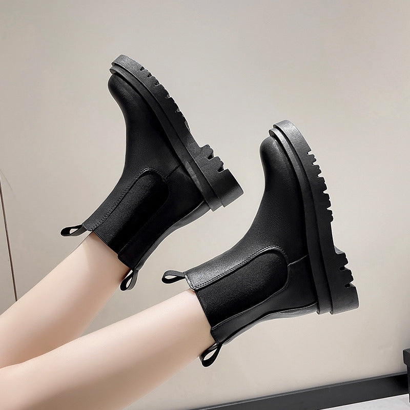 Women's Ankle Boots - Chunky Platform Sole - Slip-On Chelsea Design - Elastic Side Panels