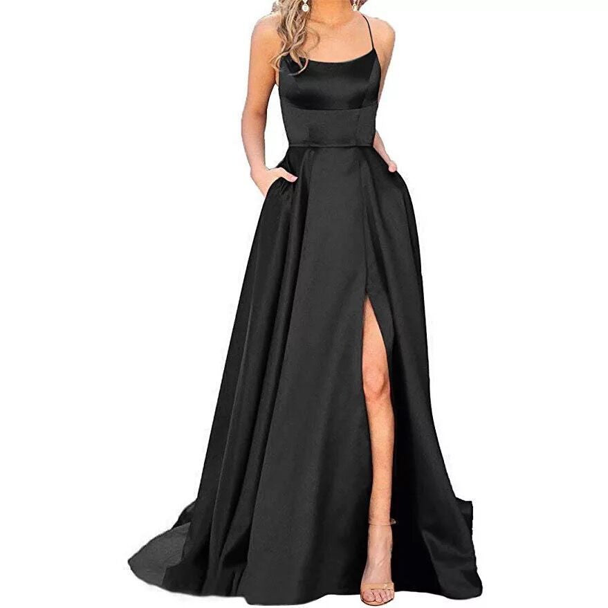 Women's Evening Gown - Sleek A-Line - Spaghetti Straps - Side Slit