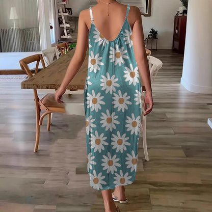 Dress for Women – Maxi Length – Loose Fit – Spaghetti Straps – Floral Print – Breathable Fabric
