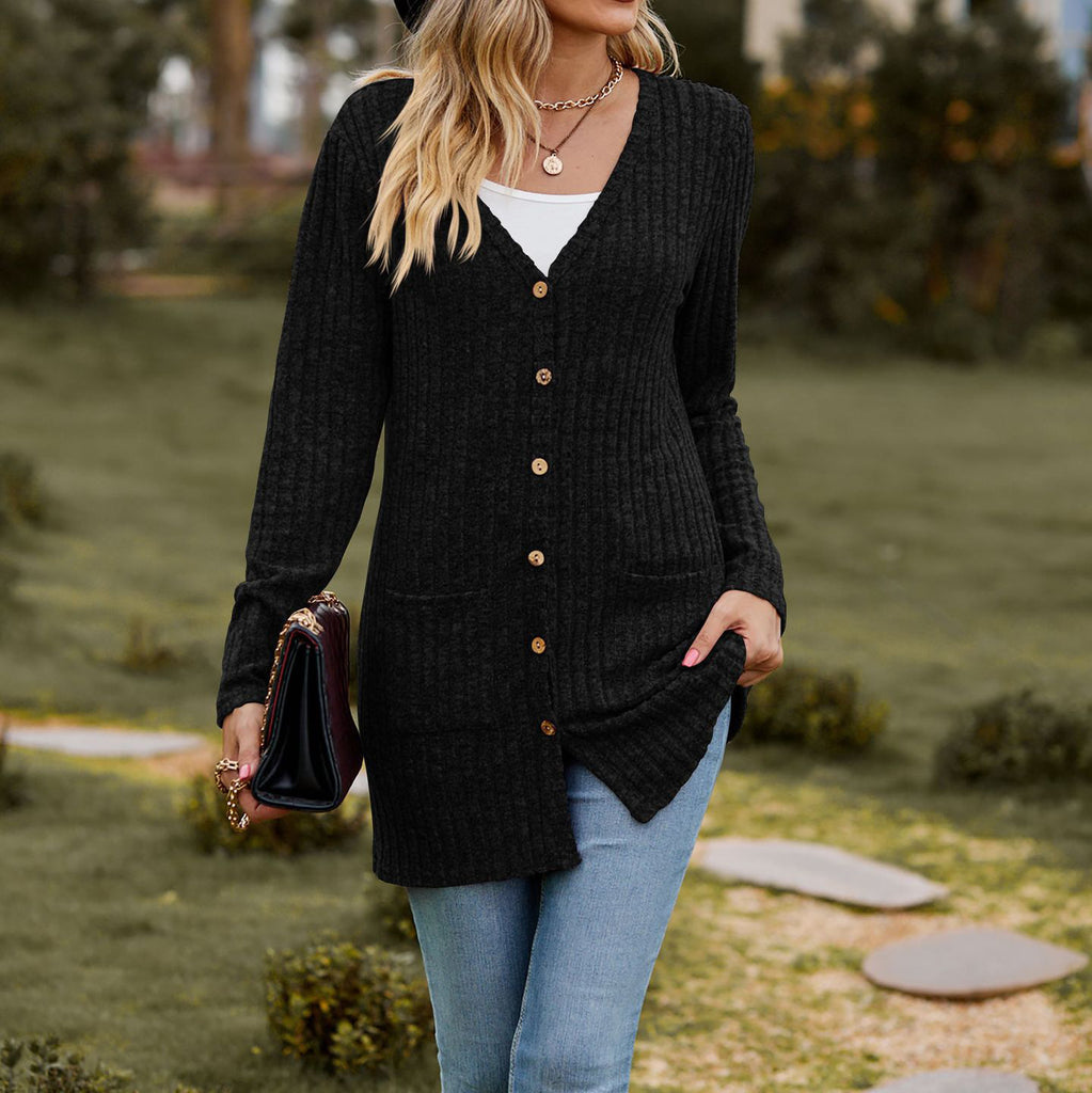 Women's Cardigan – Relaxed Fit – Button Closure – Rib Knit with Pockets