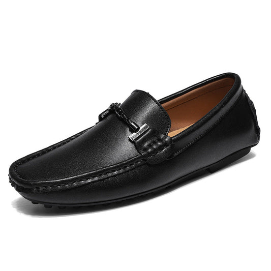 Men's Loafers – Leather Slip-On – Metal Buckle – Round Toe – Non-Slip Sole
