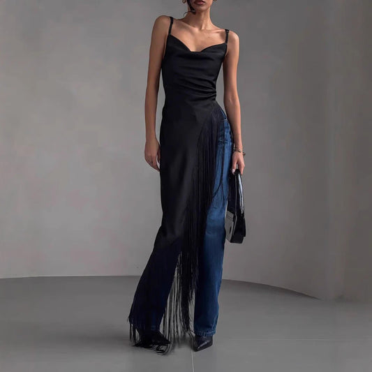 Women's Sleeveless Top – Satin – Slim Fit – Deep V-Neck – Asymmetric Fringe