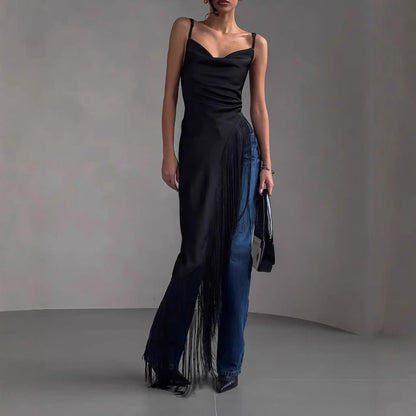 Women's Sleeveless Top – Slim Fit – Deep V-Neck – Luxurious Fabric – Fringe Hem