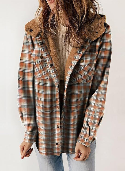 Women's Jacket – Wool Texture – Relaxed Fit – Button Closure – Hood – Checkered Pattern