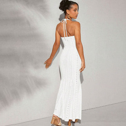 Women Long Dress – Slim Fit – Halterneck – Crocheted Texture – Cutout At The Bust