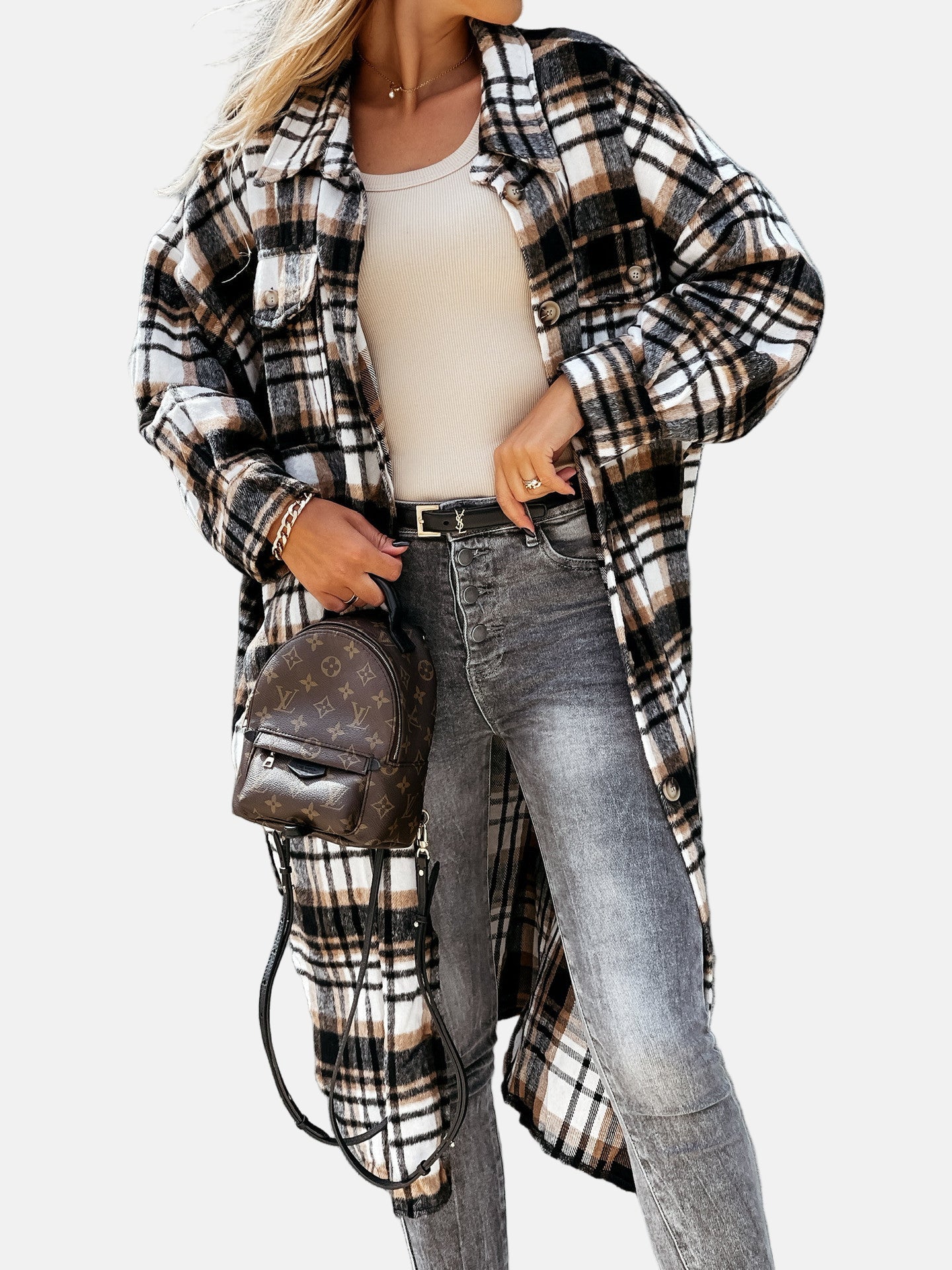 Women's Shirt Jacket – Oversized Fit  – Plaid Check – Button Closure