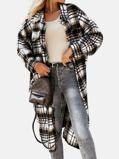 Women's Shirt Jacket – Oversized Fit  – Plaid Check – Button Closure