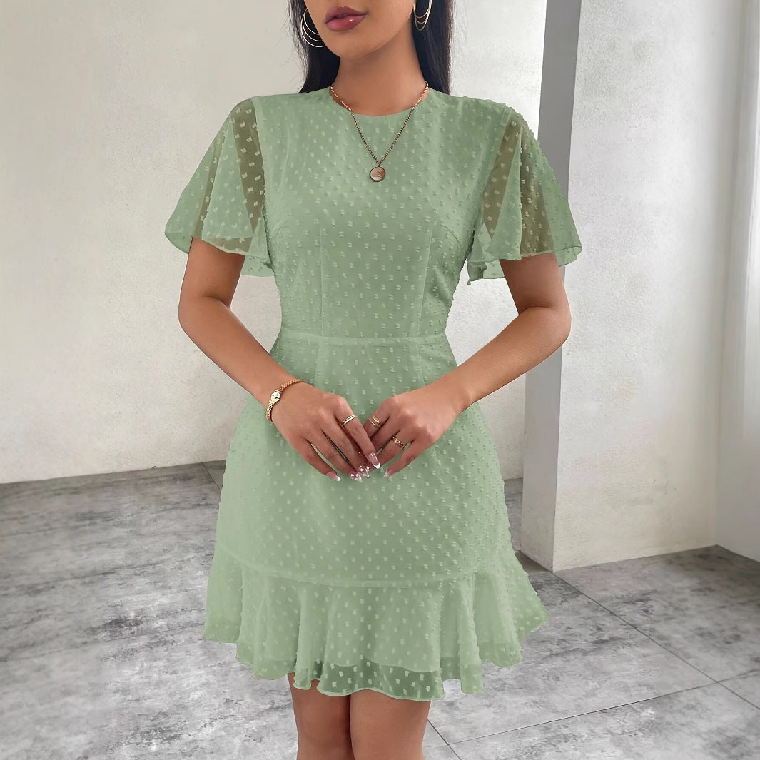 Dress for Women – A-line Fit – Mini Length – Jacquard Pattern – Short Ruffle Sleeves