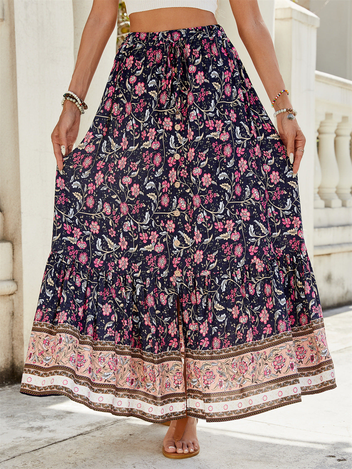 Women's Maxi Skirt – Loose Fit – Layered Boho Design – Floral Print – Soft Cotton Texture