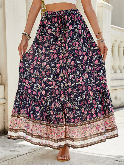 Women's Maxi Skirt – Loose Fit – Layered Boho Design – Floral Print – Soft Cotton Texture