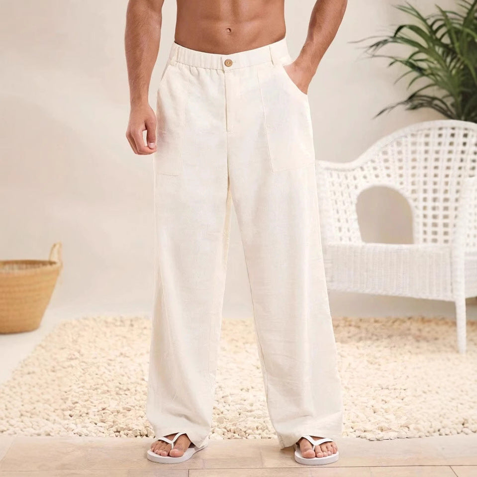 Men's Trousers – Relaxed Fit – Cotton Linen Mix – Elastic Waist – Full Length