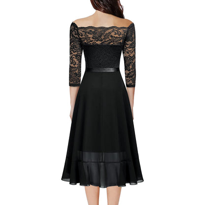 Elegant lace cocktail dress for women - Off-Shoulder - 3/4 sleeves