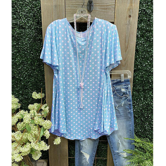 Women's Tunic Top – Loose Fit – Short Sleeve – Polka Dot Pattern – Breathable Comfort