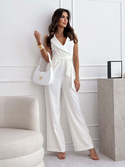 Women's Jumpsuit – Sleeveless V-Neck – Tie Belt – Wide Leg Elegant Fit