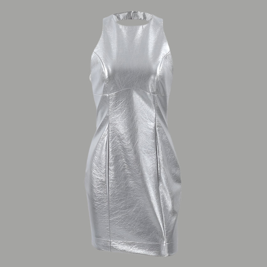 Women's Bodycon Dress – PU Leather – Sleeveless – Round Neck – Short and Fitted