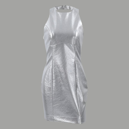 Women's Bodycon Dress – PU Leather – Sleeveless – Round Neck – Short and Fitted