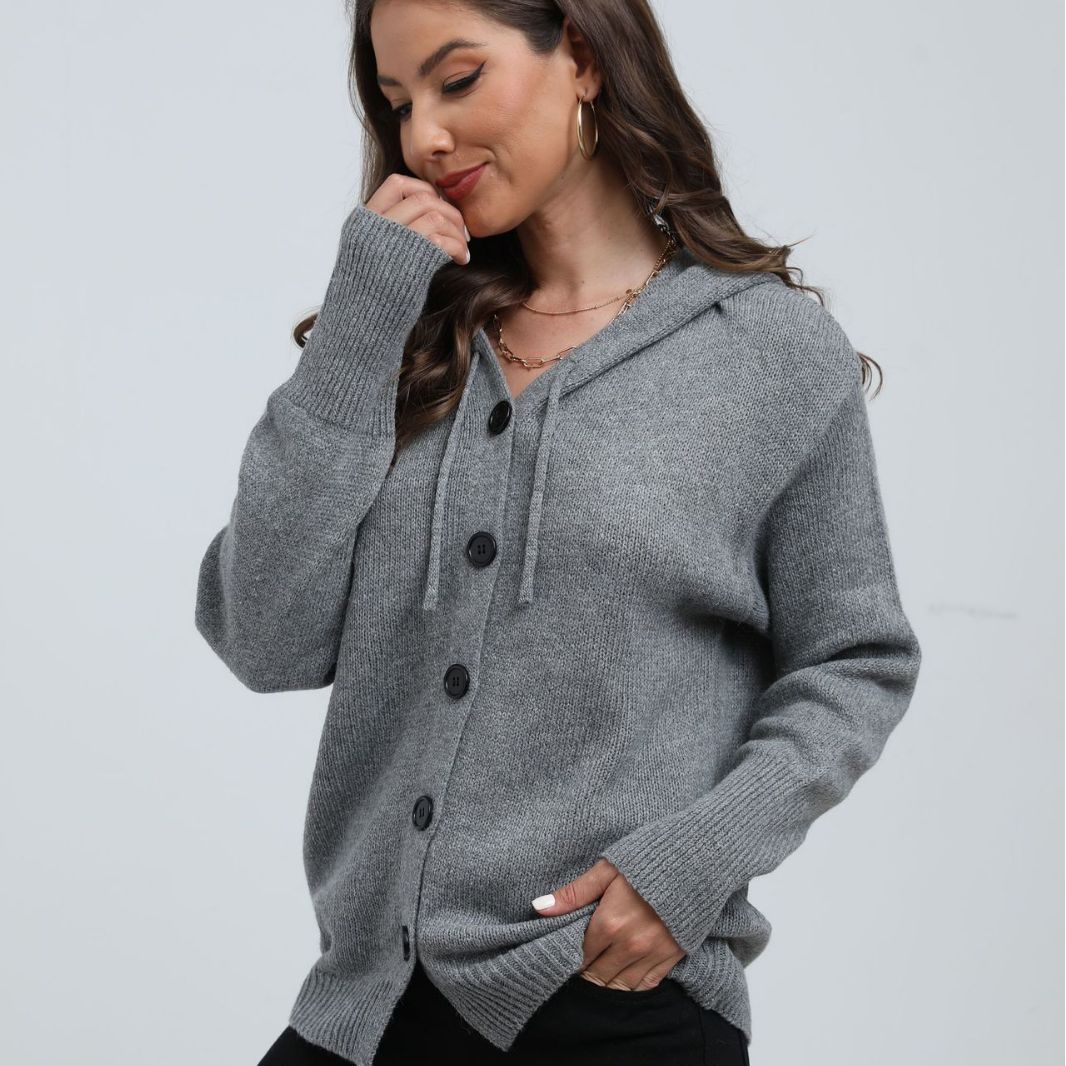 Women's Cardigan with Hood – Knit – Relaxed Fit – Button Closure – Ribbed Edges