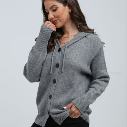 Women's Cardigan with Hood – Knit – Relaxed Fit – Button Closure – Ribbed Edges