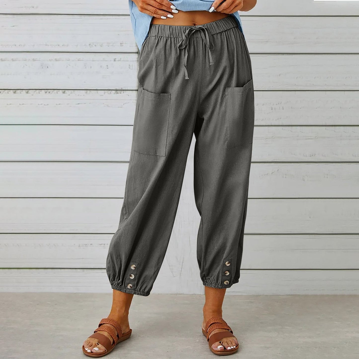 Women's Pants – Relaxed Fit – Cropped Length – Adjustable Drawstring – Natural Material