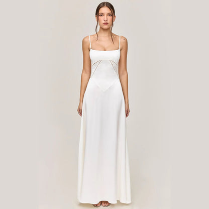 Women's Midi Dress – Slim Fit – A-line Shape – Spaghetti Straps – Lace Panel