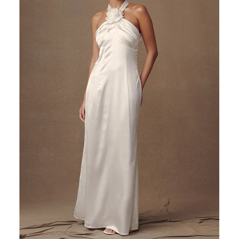 Dress for Women – Evening Dress in Luxury Fabric – Halterneck – Floral Detail – Long Fit