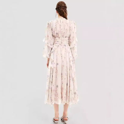 Dame Kjole – Chiffon Aftenkjole – Lange Ærmer – Flæsedetaljer – Printet Maxi
