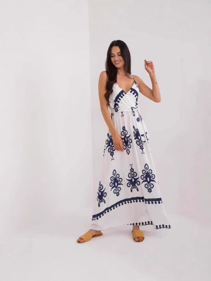Women's Maxi Dress – Cotton – Sleeveless – V-Neck – Empire Waist – Print – Tie Belt