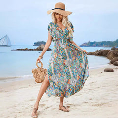 Women's Maxi Dress – Bohemian Print – Loose Fit – V-Neck – Wide Sleeves – Lightweight Material