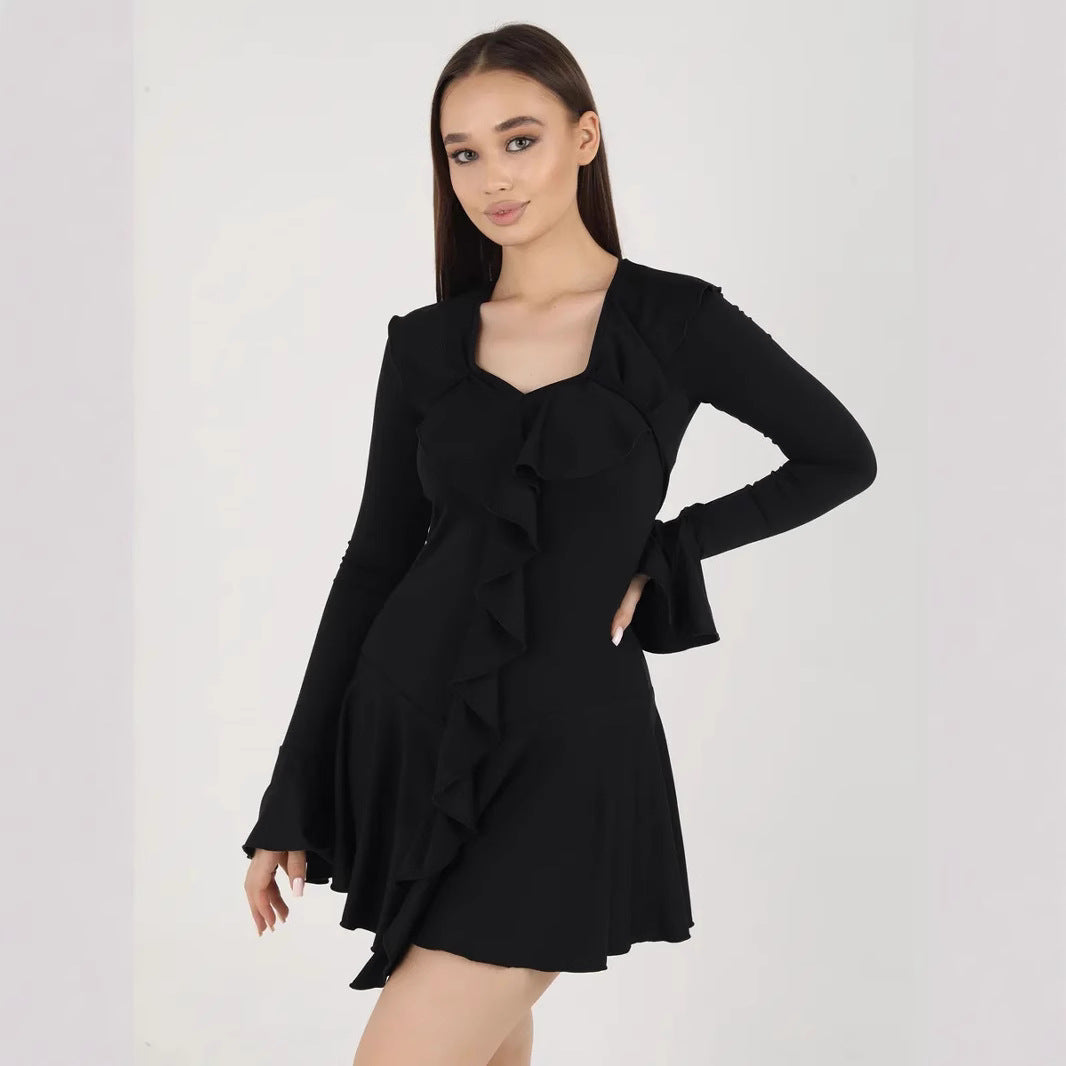 Dress for Women – Slim Fit Mini Dress – Ruffle Detail – V-Neckline – Bell Sleeves