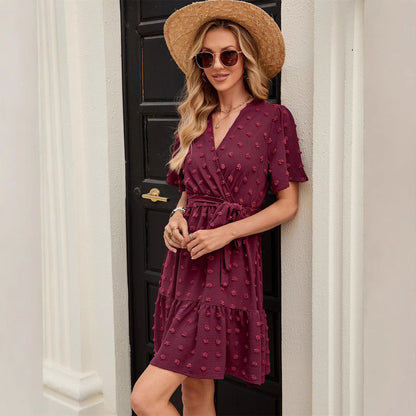 Women's Wrap Dress – Breathable Lightweight Fabric – V-Neck – Ruched Edge – Short Sleeve – Relaxed Fit