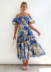 Women's Maxi Dress – Off Shoulder – Smocked Bodice – Tiered Skirt – Light and Breathable