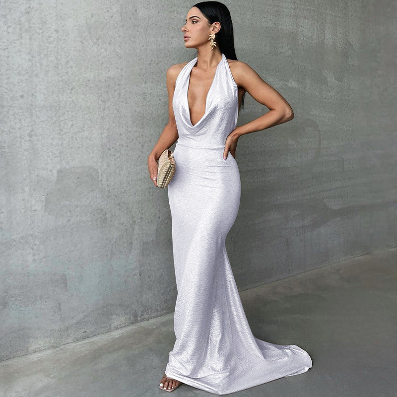 Dress for Women – Maxi Dress – Slim Fit – Deep Neckline – Open Back – Elegant Draping