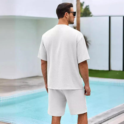 Men's Set – V-Neck Shirt with Buttons and Shorts – Relaxed Fit in Cotton