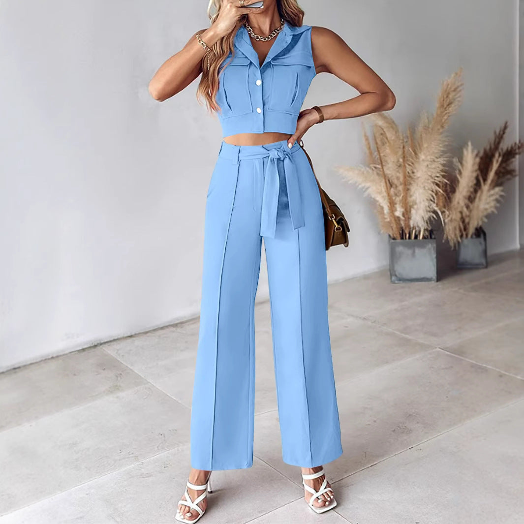 Women's Jumpsuit – Sleeveless Crop Top – High Waist Belted Pants – Soft Woven Design