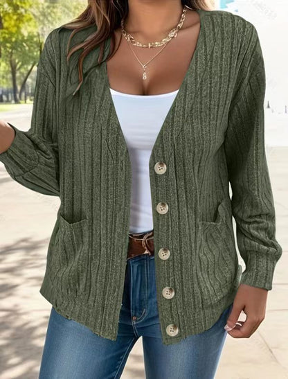Women's Cardigan – Relaxed Fit – Ribbed Knit – Button Closure – Hip Length – Pockets