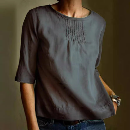 Damebluse – Bomuld Hør Mix – Løs Pasform – 3/4 Ærmer – Plisseret Front