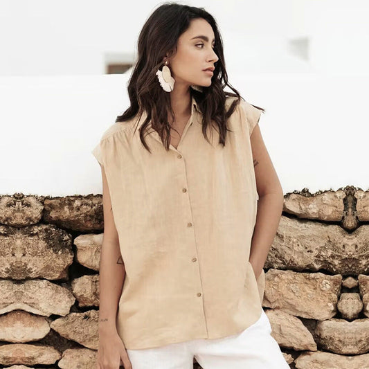 Women's Sleeveless Blouse – Cotton Linen Blend – Relaxed Fit – Button Closure