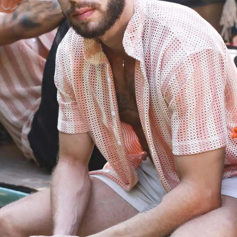 Men's Shirt in Mesh – Relaxed Fit – Short Sleeves – Light and Breathable – Button Closure